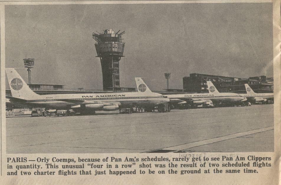 1966 February Ffour Pan Am 707s parked on the ramp at Paris Orly Airport.
